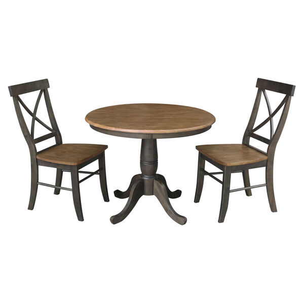 Hickory and Washed Coal 36-Inch Round Top Pedestal Table With Two X-Back Chairs, Three-Piece, image 1