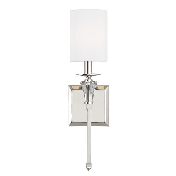 Laurent Polished Nickel and White One-Light Wall Sconce with White Fabric Stay Straight Shade and Crystal Bobeche, image 2