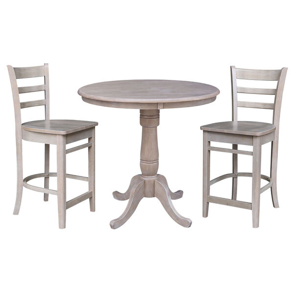 Washed Gray Taupe 36-Inch Round Pedestal Gathering Height Table with Two Counter Stool, Three-Piece, image 2