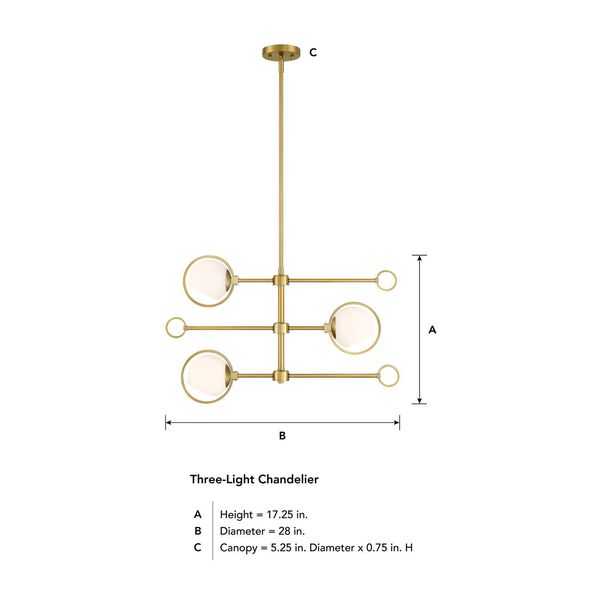 Teatro Brushed Gold Three-Light Chandelier with Etched Opal Glass Shades, image 4