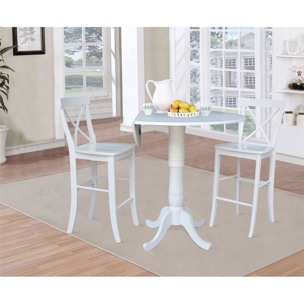 White Round Pedestal Bar Height Drop Leaf Table with Stools, 3-Piece, image 2