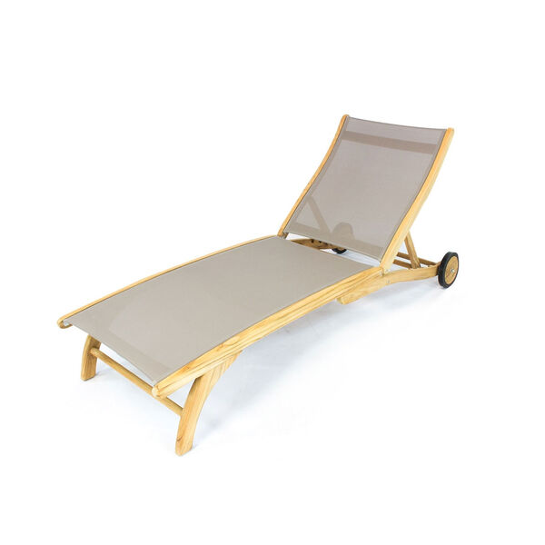 Pearl Taupe Teak Outdoor Chaise Lounge with Wheels, image 1