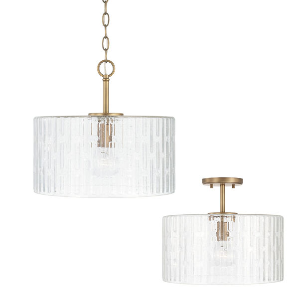 Emerson Aged Brass One-Light Dual Semi-Flush with Embossed Seeded Glass, image 3