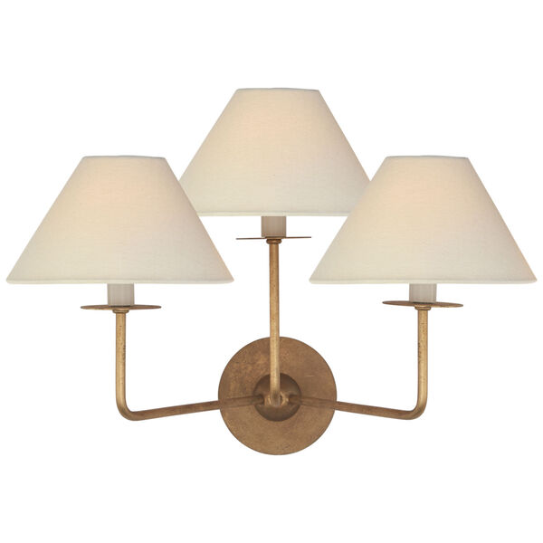 Kelley Medium Triple Sconce in Gilded Iron with Linen Shades by Niermann Weeks, image 1