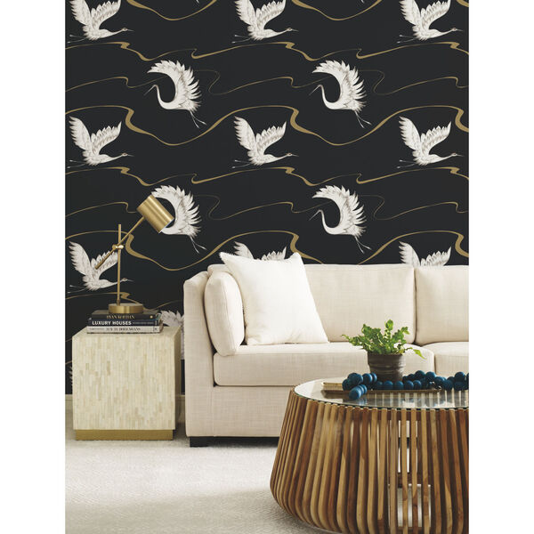 Black and Gold 27 In. x 27 Ft. Soaring Cranes Wallpaper, image 1
