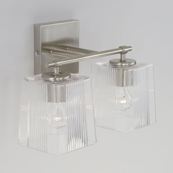 Lexi Brushed Nickel Two-Light Bath Vanity with Clear Fluted Square Glass Shades, image 4