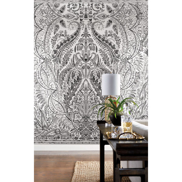 Damask Resource Library Black and White 108 In. x 134 In. Jaipur Paisley Wallpaper Mural, image 2