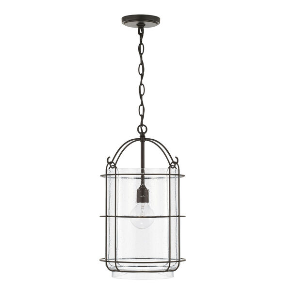 Harmon Matte Black One-Light Pendant with Clear Seeded Glass and Outer Cage, image 1