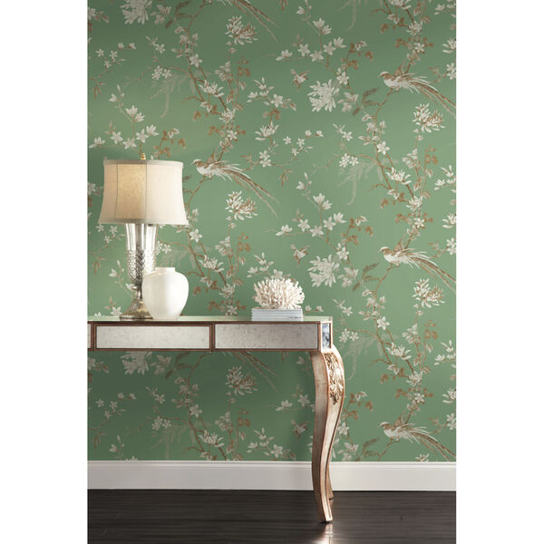 Ronald Redding 24 Karat Green Bird And Blossom Chinoserie Wallpaper, image 6