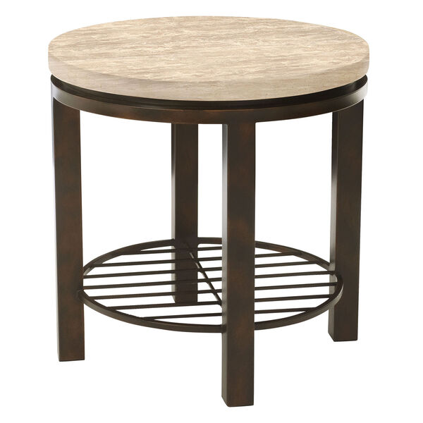 Freestanding Occasional Dark Brown and Travertine Stone Tempo Round End Table, image 1