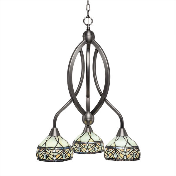 Bow Brushed Nickel Three-Light Chandelier with Royal Merlot Tiffany Glass, image 1
