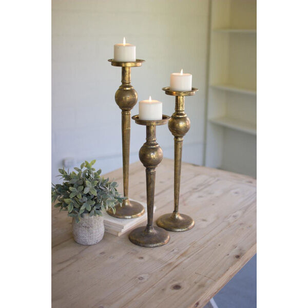 Antique Brass Metal Candle Holder, Set of Three, image 1
