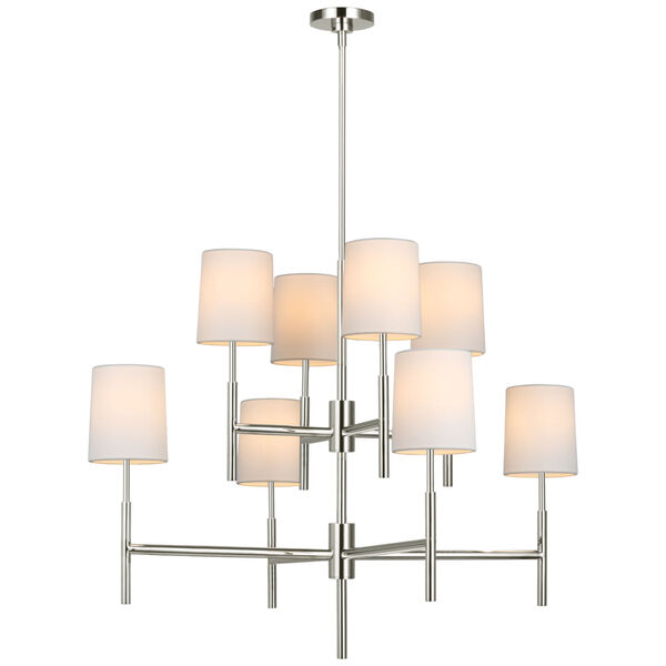 Clarion Large Two Tier Chandelier in Polished Nickel with Linen Shades by Barbara Barry, image 1