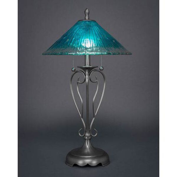 Olde Iron Brushed Nickel Two-Light Table Lamp with Teal Crystal Glass Shade, image 1
