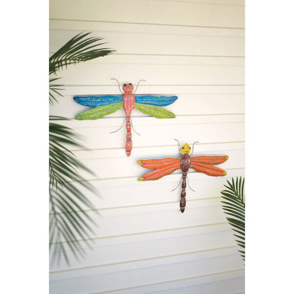 Multicolor Distressed Painted Metal Hanging Dragonflies, Set of Two, image 1