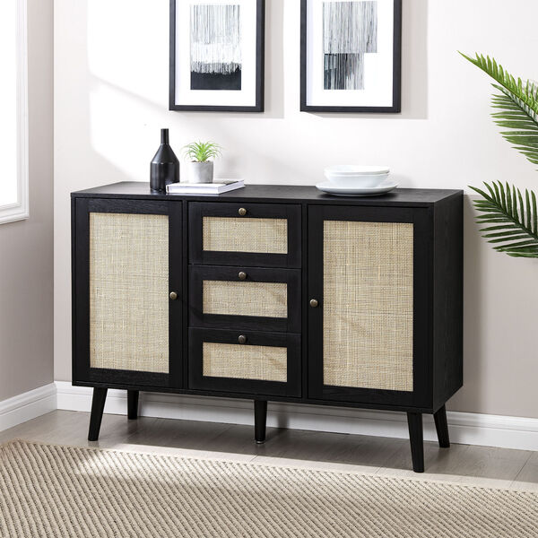Black Solid Wood and Rattan Sideboard with Three Drawers, image 2