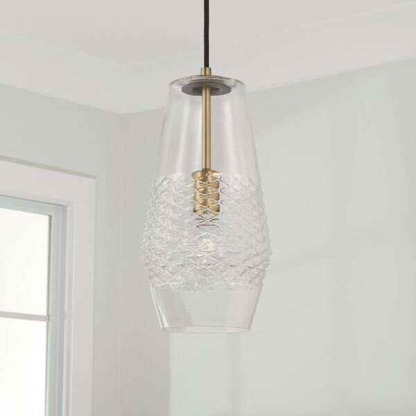 Dena Aged Brass One-Light Pendant with Diamond Embossed Glass and Black Braided Cord, image 3