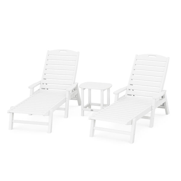 Nautical White Chaise Lounge with Arms Set with South Beach 18-Inch Side Table, 3-Piece, image 1
