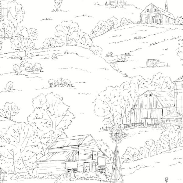 Simply Farmhouse Black and White Pasture Toile Wallpaper, image 2