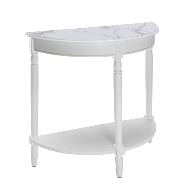 French Country White Faux Marble White Half-Round Entryway Table with Shelf, image 1