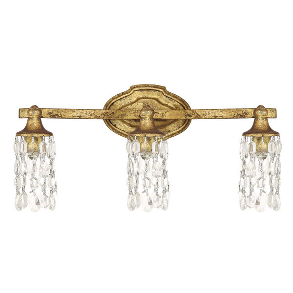 Blakely Antique Gold Three Light Vanity Fixture with Crystals, image 1