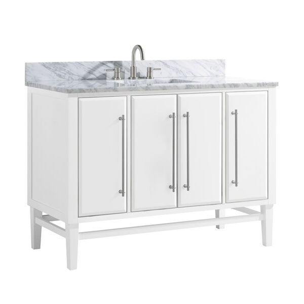 White 49-Inch Bath vanity Set with Silver Trim and Carrara White Marble Top, image 2