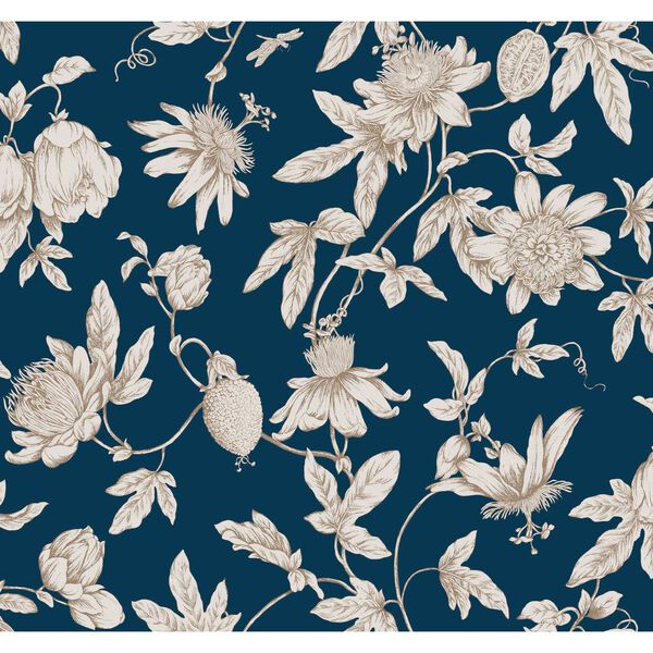 Passion Flower Toile Navy Wallpaper, image 2