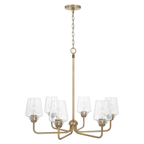 Miller Aged Brass Six-Light Chandelier with Clear Ribbed Glass, image 3