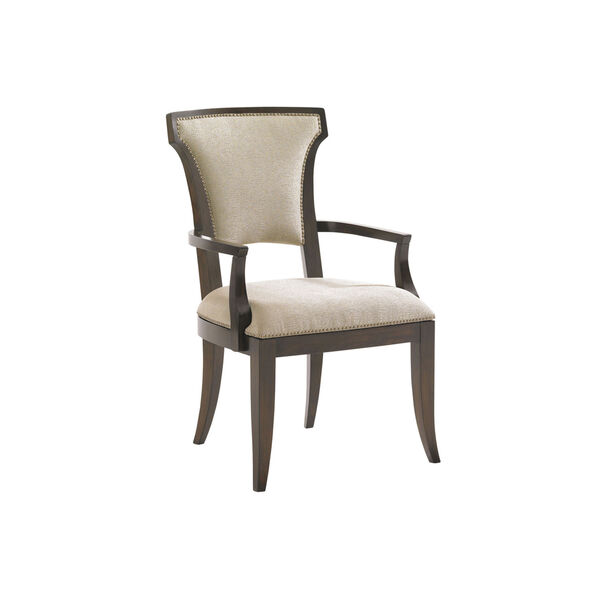 Tower Place Dark Walnut and Beige Seneca Upholstered Dining Arm Chair, image 1