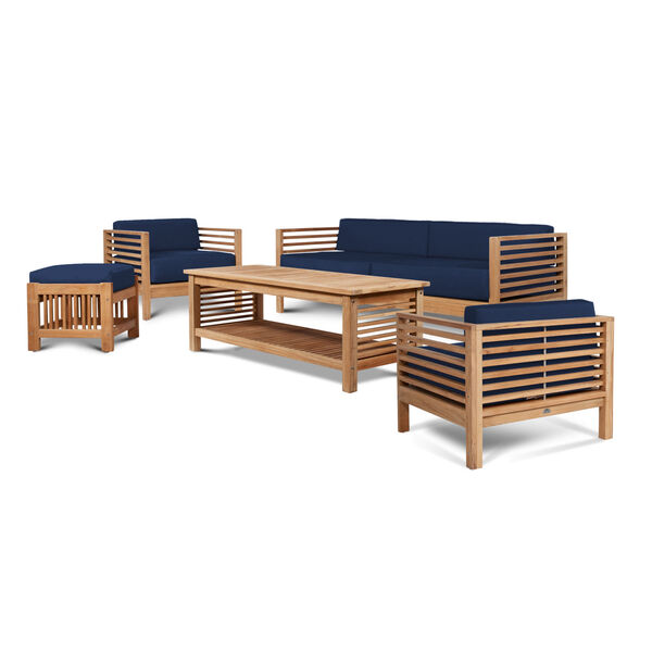 Summer Natural Teak Five-Piece Outdoor Deep Seating set with Subrella Navy Blue Cushion, image 1