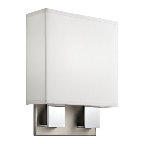 Brushed Nickel and Chrome 11-Inch Energy Star LED Wall Sconce with White Linen Shade, image 1