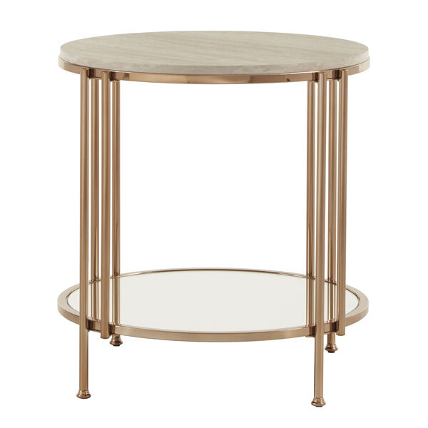 Koga Champagne Gold 23-Inch End Table with Faux Marble Top and Mirrored Bottom, image 3