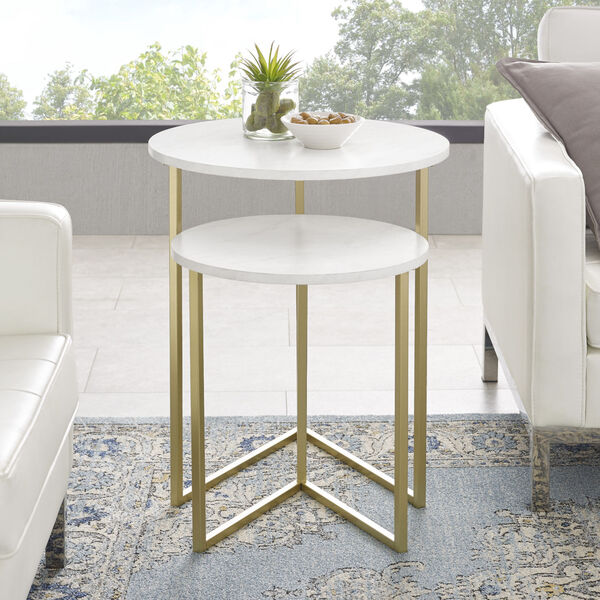 White Faux and Gold 20-Inch Two-Piece V-Leg Nesting Side Tables, image 3