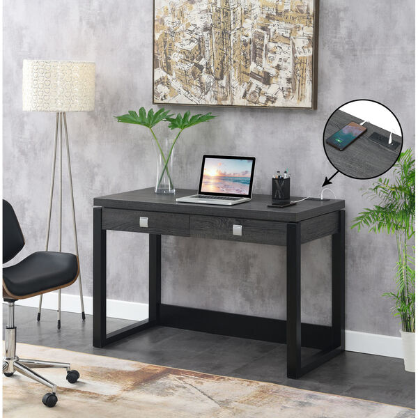 Newport Weathered Gray and Black Two-Drawer Desk with Charging Station, image 2