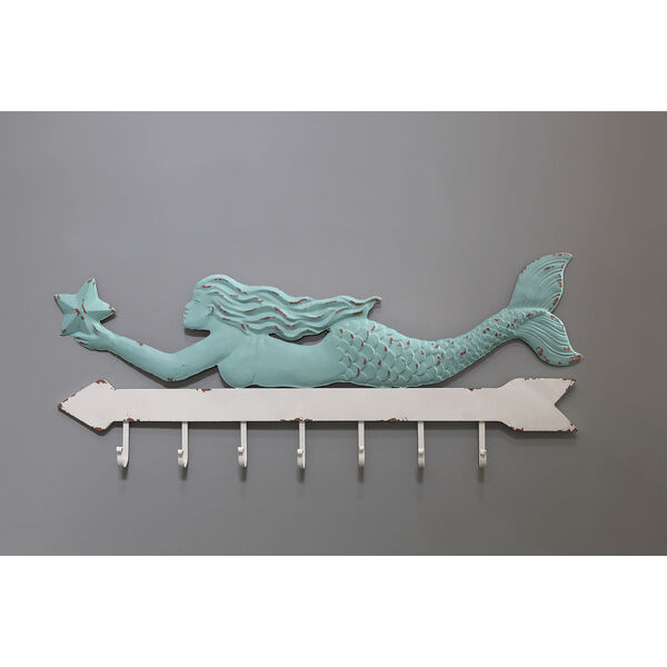 Metal Mermaid Wall Decor with Seven Hooks, image 1