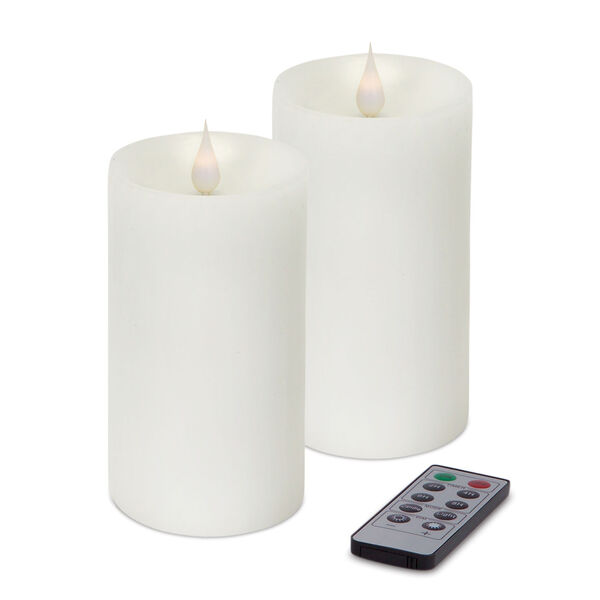 White Simplux LED Pillar Moving Flame Candle, Set of Two with Remote, image 1