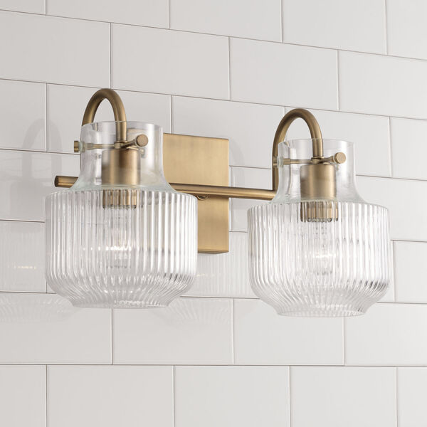 Nyla Aged Brass Two-Light Vanity with Clear Fluted Glass, image 3