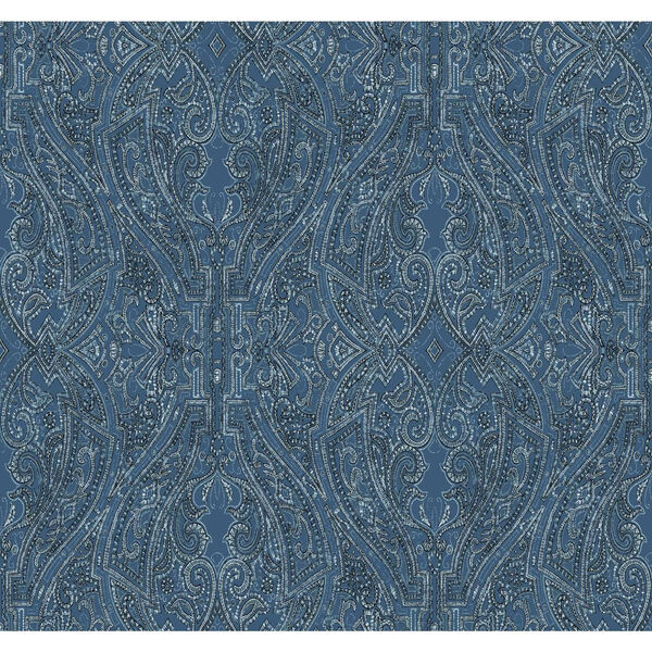 Ronald Redding Blue Ascot Damask Non Pasted Wallpaper - SWATCH SAMPLE ONLY, image 2