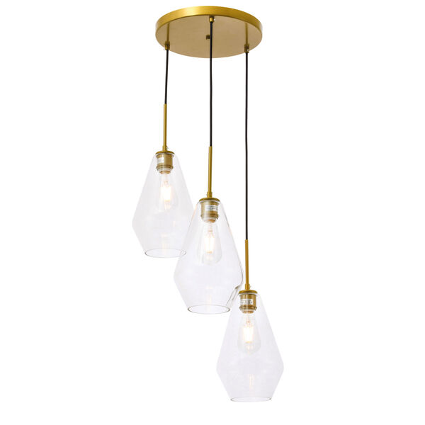 Gene Brass Three-Light Pendant with Clear Glass, image 4