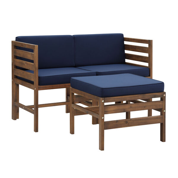 Sanibel Dark Brown and Navy Blue Patio Love Seat with Ottoman, image 1
