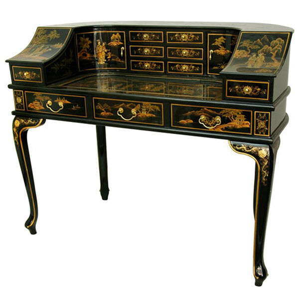 Black Lacquer Ladies Desk w/ Gold Chinoiserie, Width - 48 Inches, image 1
