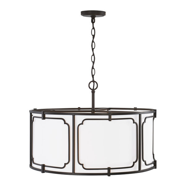 Merrick Old Bronze Four-Light Drum Pendant with White Fabric Shade and Glass Diffuser, image 3