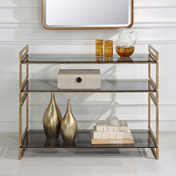 Stacked Up Smoked Gray Antiqued Gold Glass Console Table, image 3