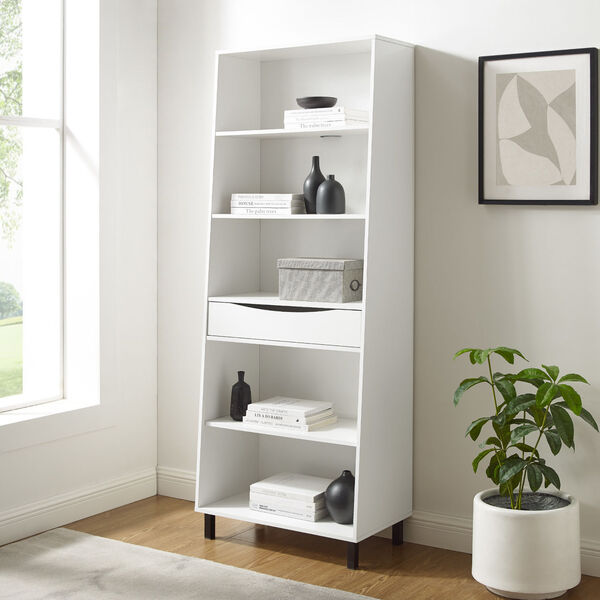 Ryder Solid White Five-Shelf Bookcase with Drawer, image 3