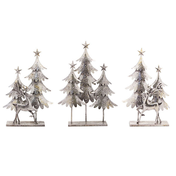 Silver Metal Tree and Deer Tabletop Décor, Set of 3, image 1