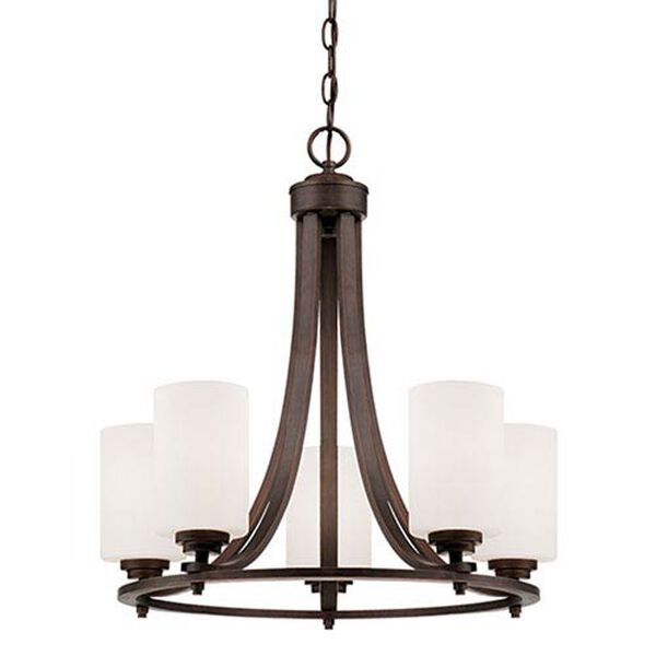 Bristo Rubbed Bronze Five Light Chandelier with Etched White Glass, image 1