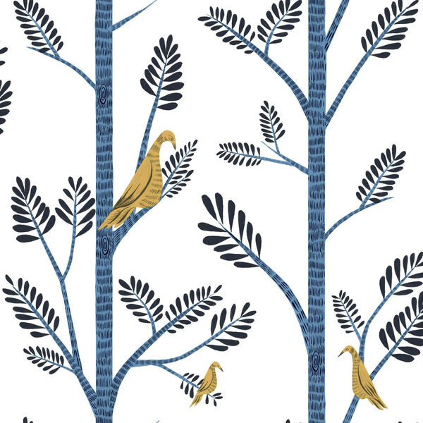 Risky Business III Blue Yellow Aviary Branch Peel and Stick Wallpaper - SAMPLE SWATCH ONLY, image 2