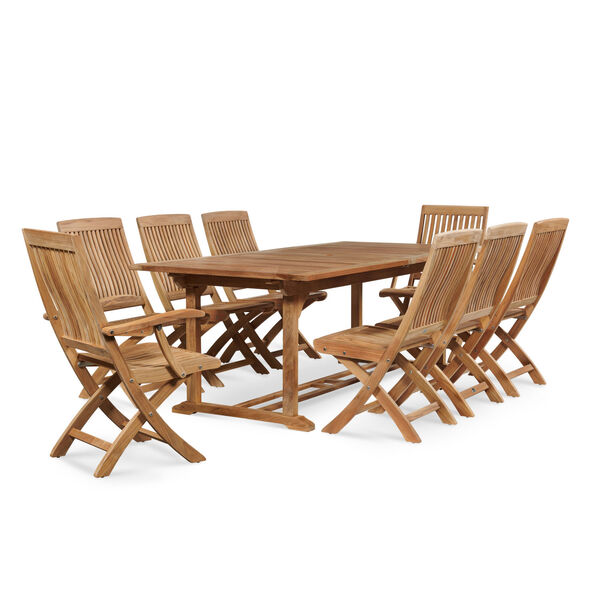 Devon Nature Sand Teak Teak Rectangular Table Outdoor Dining Set with Extension, 9-Piece, image 1