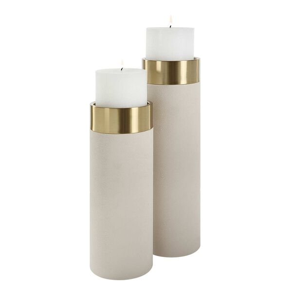 Wessex White Antique Brushed Brass Pillar Candleholders, Set Of Two, image 1