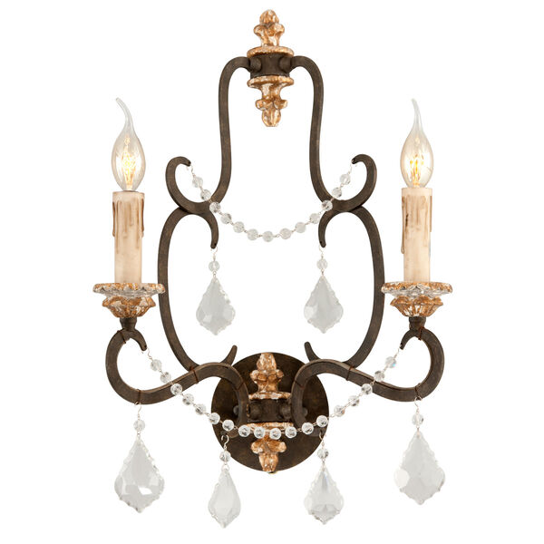 Bordeaux Parisian Bronze Two-Light Crystal Wall Sconce w/ Distressed Gold Leaf, image 1